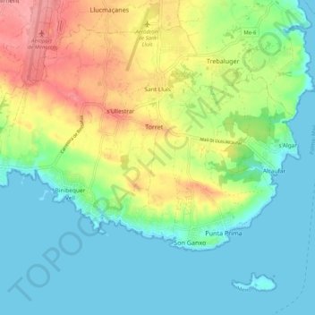 Mapa topográfico Sant Lluís, altitude, relevo