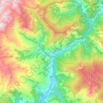 Mapa topográfico Sort, altitude, relevo