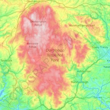 Mapa topográfico Dartmoor, altitude, relevo