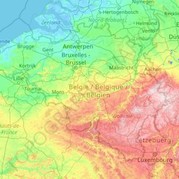 Mapa topográfico Bélgica, altitude, relevo
