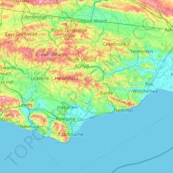 Mapa topográfico East Sussex, altitude, relevo