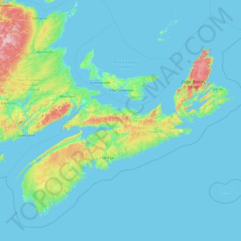 Mapa topográfico Nova Scotia, altitude, relevo