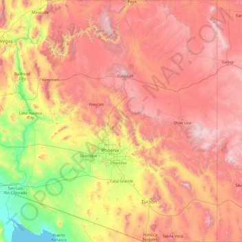 Mapa topográfico Arizona, altitude, relevo