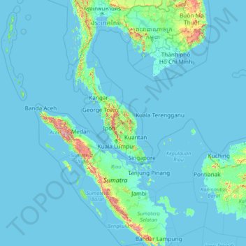 Mapa topográfico Malásia, altitude, relevo