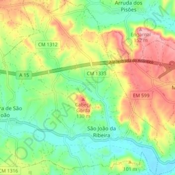 Mapa topográfico São João da Ribeira, altitude, relevo