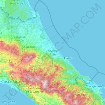 Mapa topográfico Provincia Limón, altitude, relevo