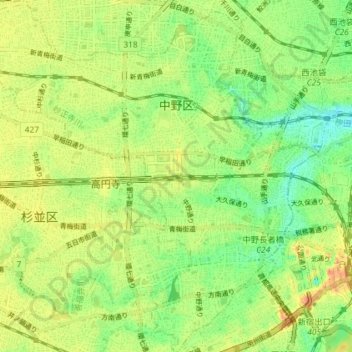 Mapa topográfico Tóquio, altitude, relevo