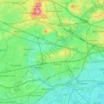 Mapa topográfico London Borough of Ealing, altitude, relevo