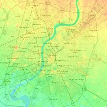 Mapa topográfico Ahmedabad City Taluka, altitude, relevo