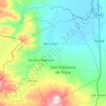 Mapa topográfico San Francisco de Yojoa, altitude, relevo
