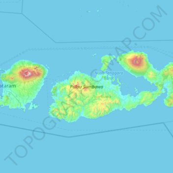Mapa topográfico Sumbawa, altitude, relevo