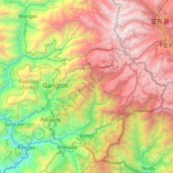 Mapa topográfico Gangtok district, altitude, relevo