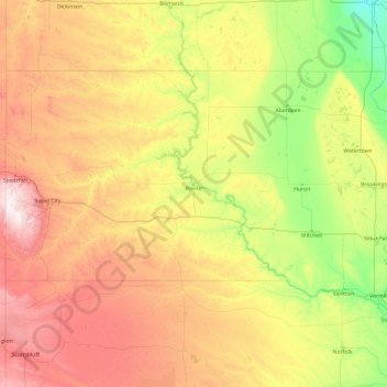 Mapa topográfico South Dakota, altitude, relevo