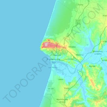Mapa topográfico Figueira da Foz, altitude, relevo
