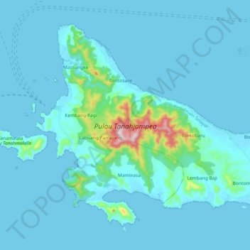 Mapa topográfico Pulau Tanahjampea, altitude, relevo