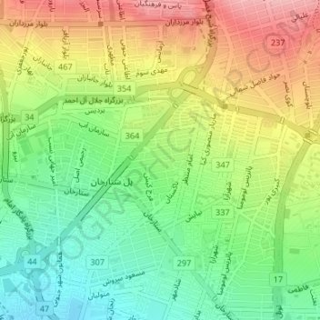 Mapa topográfico Tehran Vila, altitude, relevo