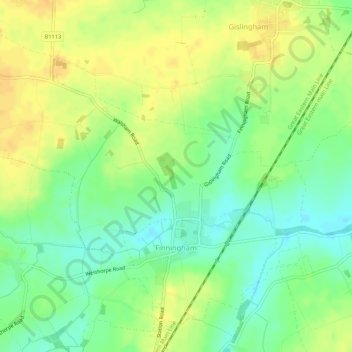 Mapa topográfico Finningham, altitude, relevo