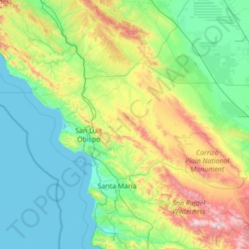 Mapa topográfico Condado de San Luis Obispo, altitude, relevo