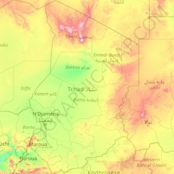 Mapa topográfico Chade, altitude, relevo