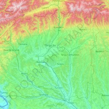 Mapa topográfico Gorj, altitude, relevo