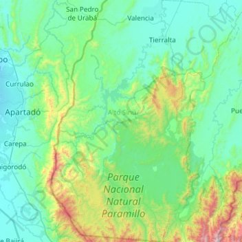 Mapa topográfico Tierralta, altitude, relevo
