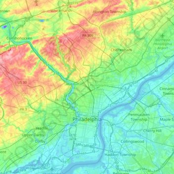 Mapa topográfico Philadelphia, altitude, relevo