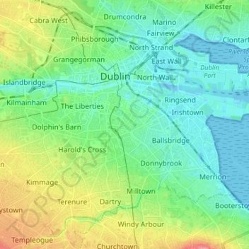 Mapa topográfico Dublin, altitude, relevo