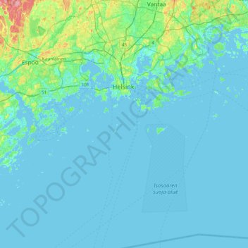 Mapa topográfico Helsinki, altitude, relevo
