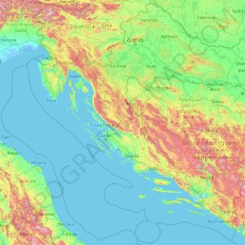 Mapa topográfico Croácia, altitude, relevo