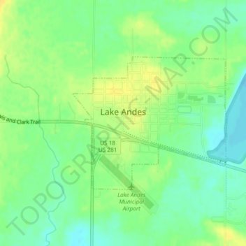 Mapa topográfico Lake Andes, altitude, relevo