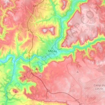 Mapa topográfico Millau, altitude, relevo