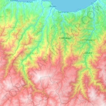 Mapa topográfico Araklı, altitude, relevo