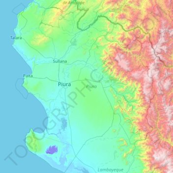 Mapa topográfico Piura, altitude, relevo