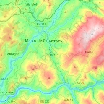 Mapa topográfico Marco de Canaveses, altitude, relevo