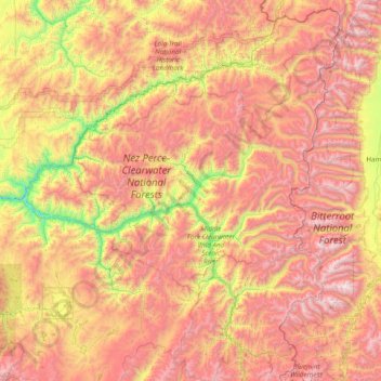 Mapa topográfico Selway-Bitterroot Wilderness Area, altitude, relevo