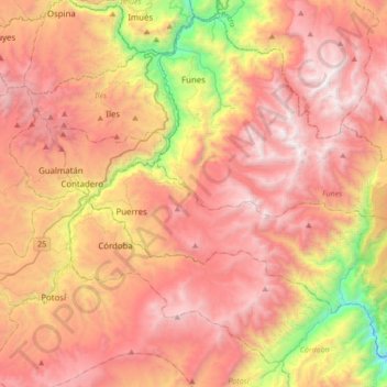 Mapa topográfico Funes, altitude, relevo