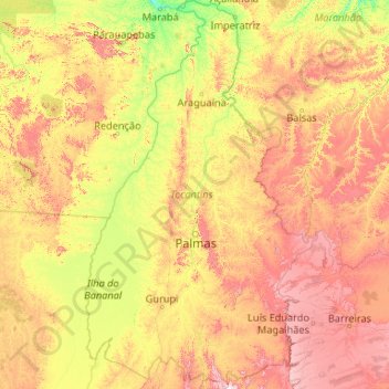 Mapa topográfico Tocantins, altitude, relevo