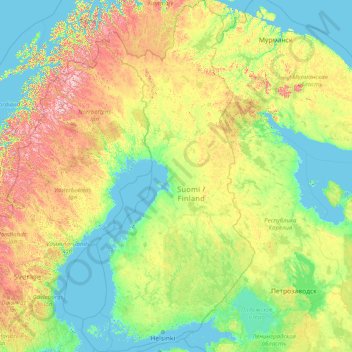 Mapa topográfico Finlândia, altitude, relevo
