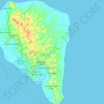 Mapa topográfico Tarakan, altitude, relevo