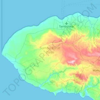 Mapa topográfico Sumba Barat Daya, altitude, relevo