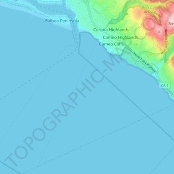 Mapa topográfico Corona del Mar, altitude, relevo