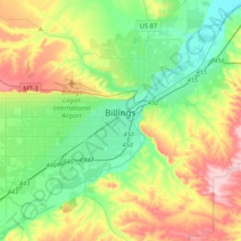 Mapa topográfico Billings, altitude, relevo