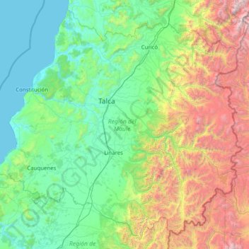 Mapa topográfico Región del Maule, altitude, relevo