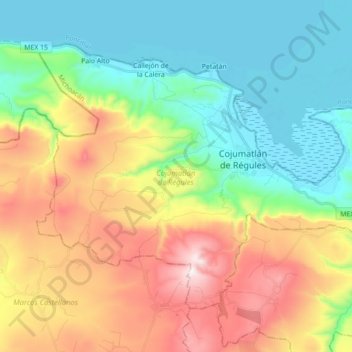Mapa topográfico Cojumatlán de Régules, altitude, relevo