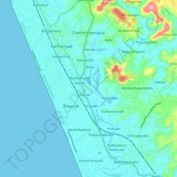 Mapa topográfico Kanhangad, altitude, relevo