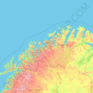Mapa topográfico Troms og Finnmark, altitude, relevo