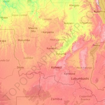 Mapa topográfico Katanga, altitude, relevo