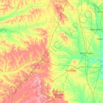 Mapa topográfico Tombigbee National Forest, altitude, relevo