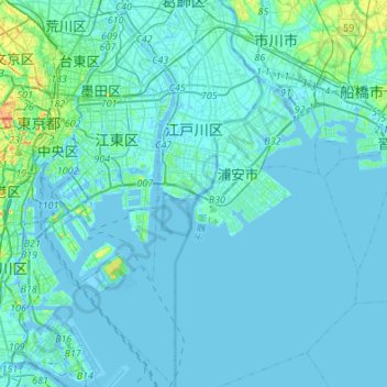 Mapa topográfico 江戸川区, altitude, relevo