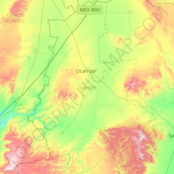 Mapa topográfico Ocampo, altitude, relevo